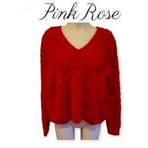 Pink Rose shaggy v-neck sweater in burnt orange size L